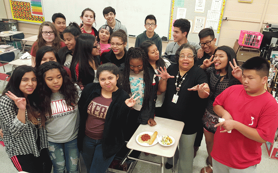 Dr. Grays 4th period pre-AP English I class during their Pasta for Pennies reward luncheon (2016) 